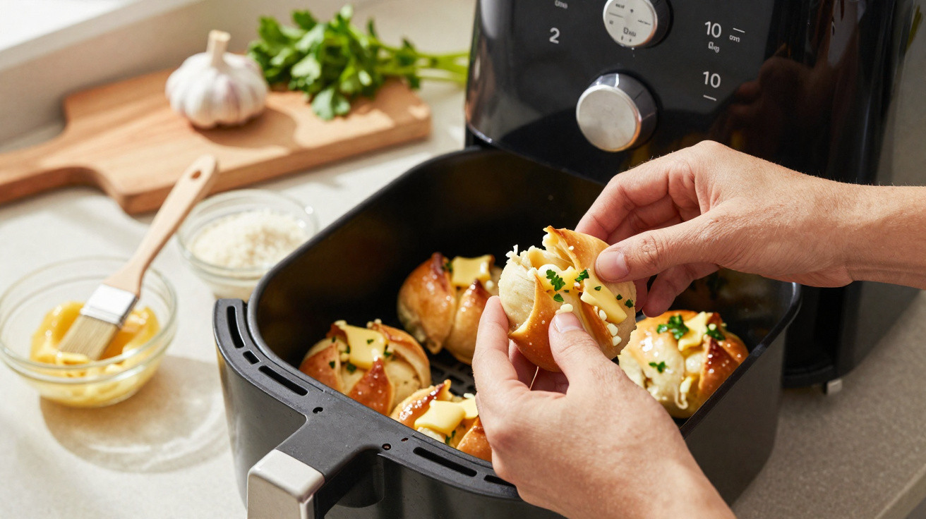 Person bereitet gefüllte Brötchen in einem Heißluftfritteuse-Korb vor, Kräuter und Knoblauch im Hintergrund.