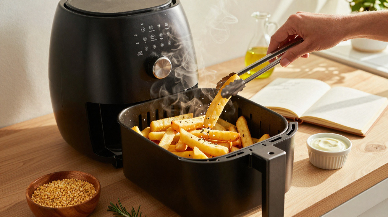 Heißer Korb mit Pommes aus der Heißluftfritteuse, Hand würzt mit Gewürzen und Zange.