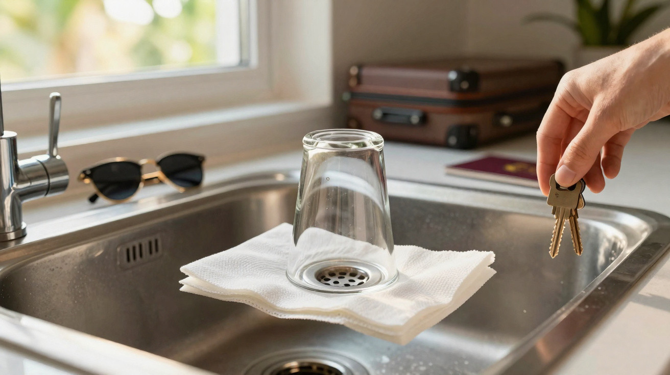 Kühles Glas zum Trocknen auf Papiertüchern in Spüle, daneben hand mit Hausschlüsseln.
