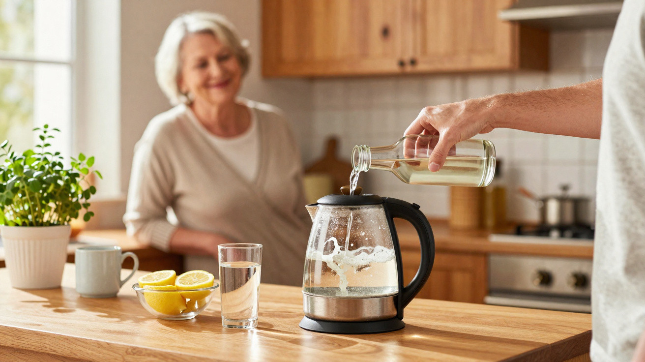 Hand gießt Wasser in elektrischen Wasserkocher in moderner Küche, ältere Frau lächelt im Hintergrund.