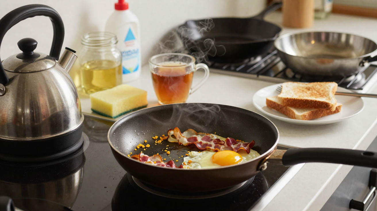 Bratpfanne mit Spiegelei und Speck auf Herd, daneben Tee, Kessel, Schwamm und geröstetes Brot auf Teller.