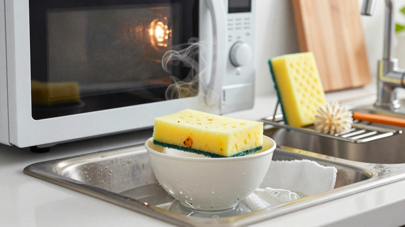 Weißer Küchenspüleinsatz mit gelbem Schwamm, Schüssel und Mikrowelle im Hintergrund.
