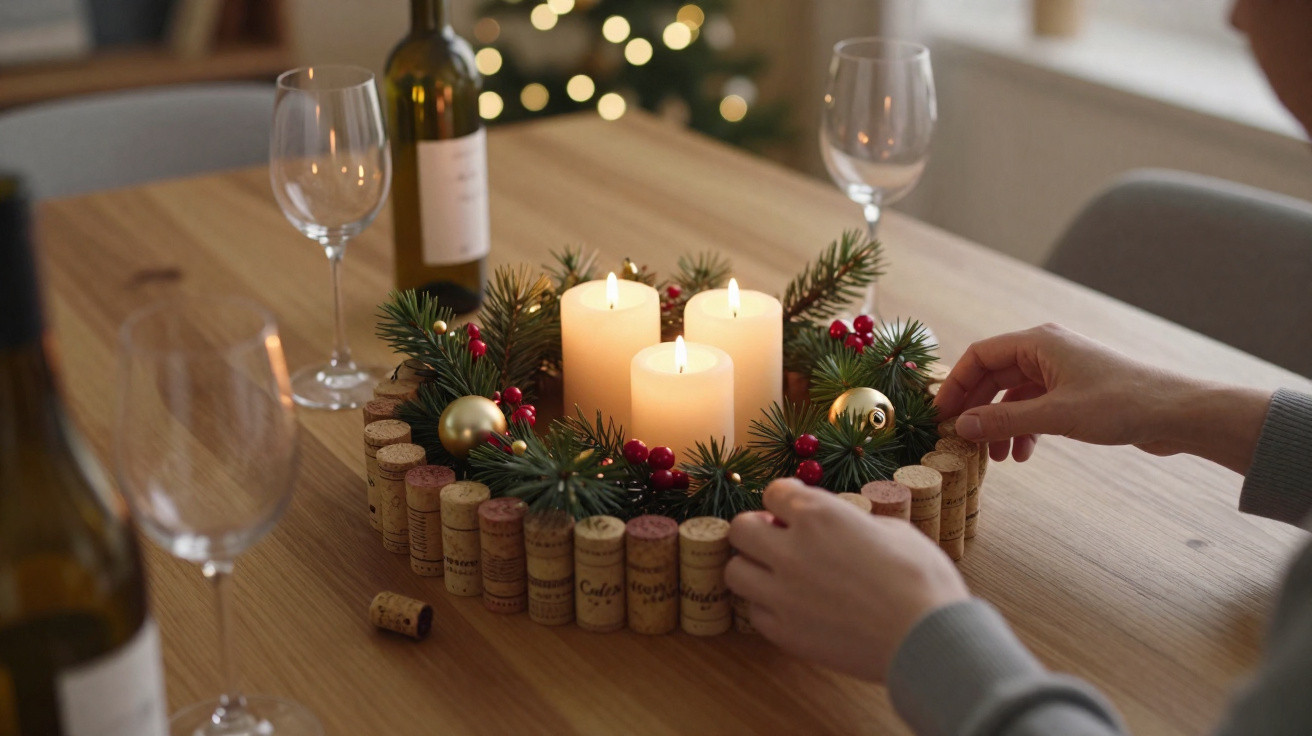 Weihnachtlicher Kerzenkranz aus Weinkorken mit Tannenzweigen und roten Beeren auf Holztisch.