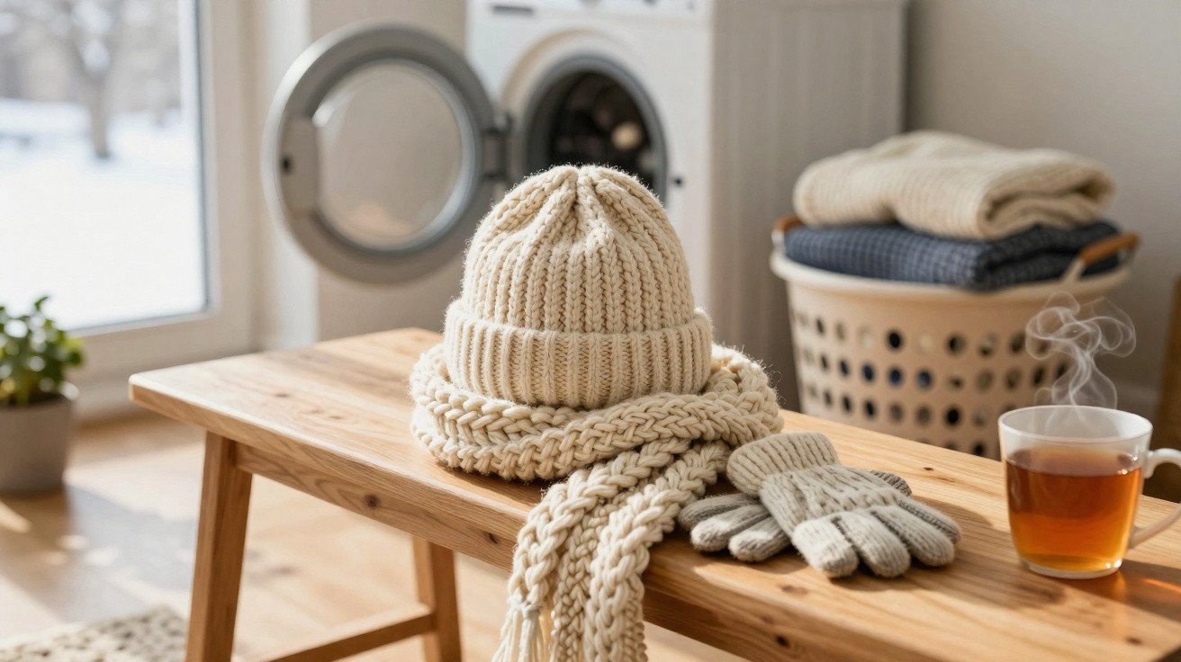 Beige Strickmütze, Schal und Handschuhe auf Holzbank neben dampfender Teetasse in heller Waschküche.
