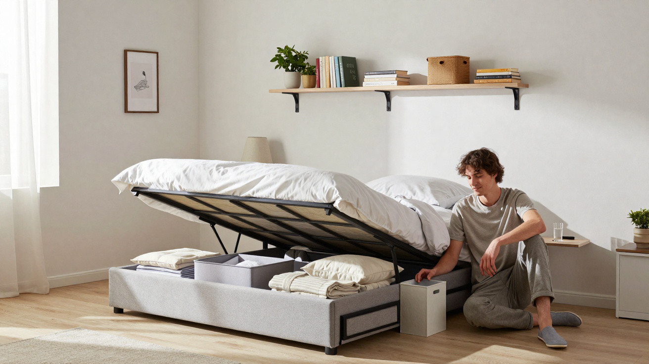 Mann hebt Bett mit integriertem Stauraum, in dem Decken, Kissen und Boxen ordentlich verstaut sind.