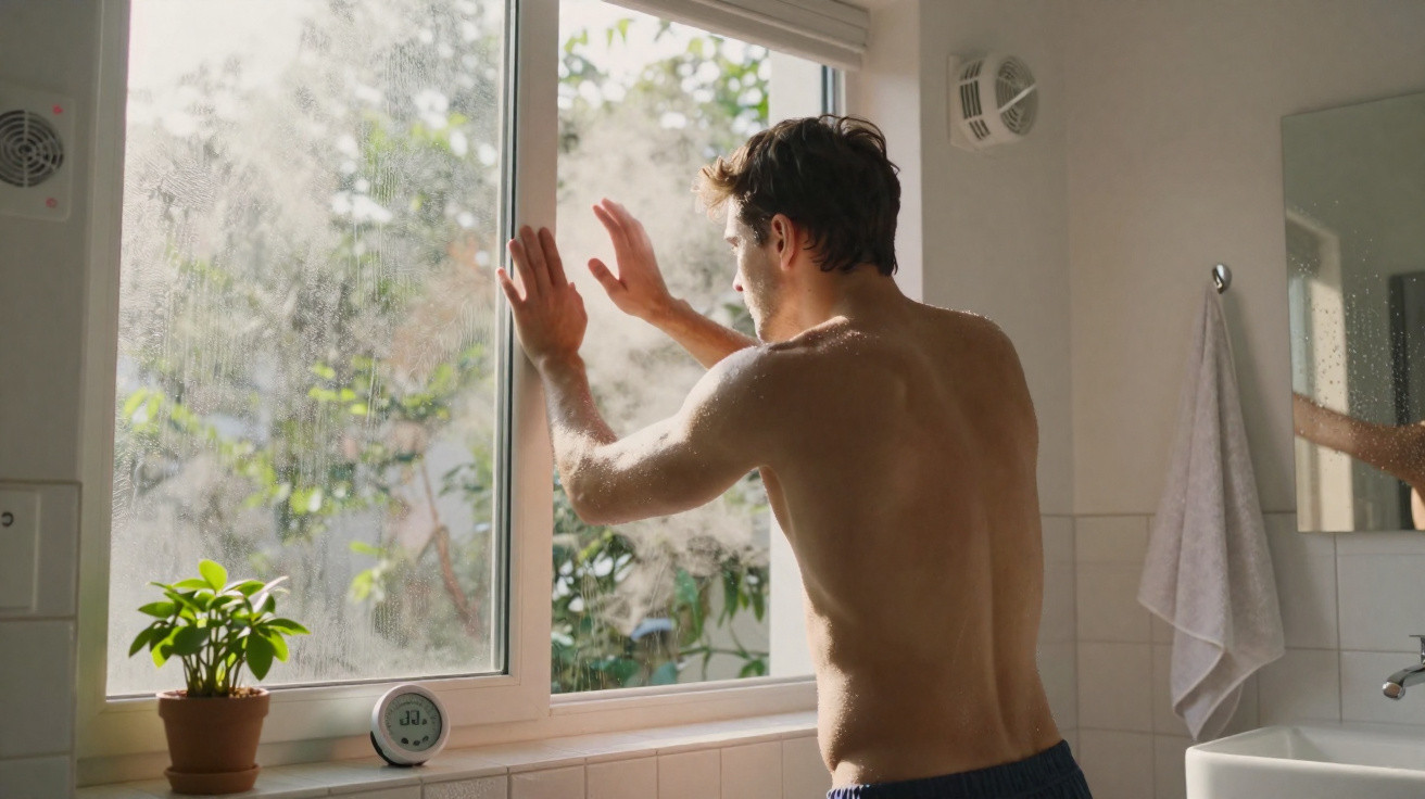 Ein Mann ohne Oberteil steht im Badezimmer und berührt ein beschlagenes Fenster.