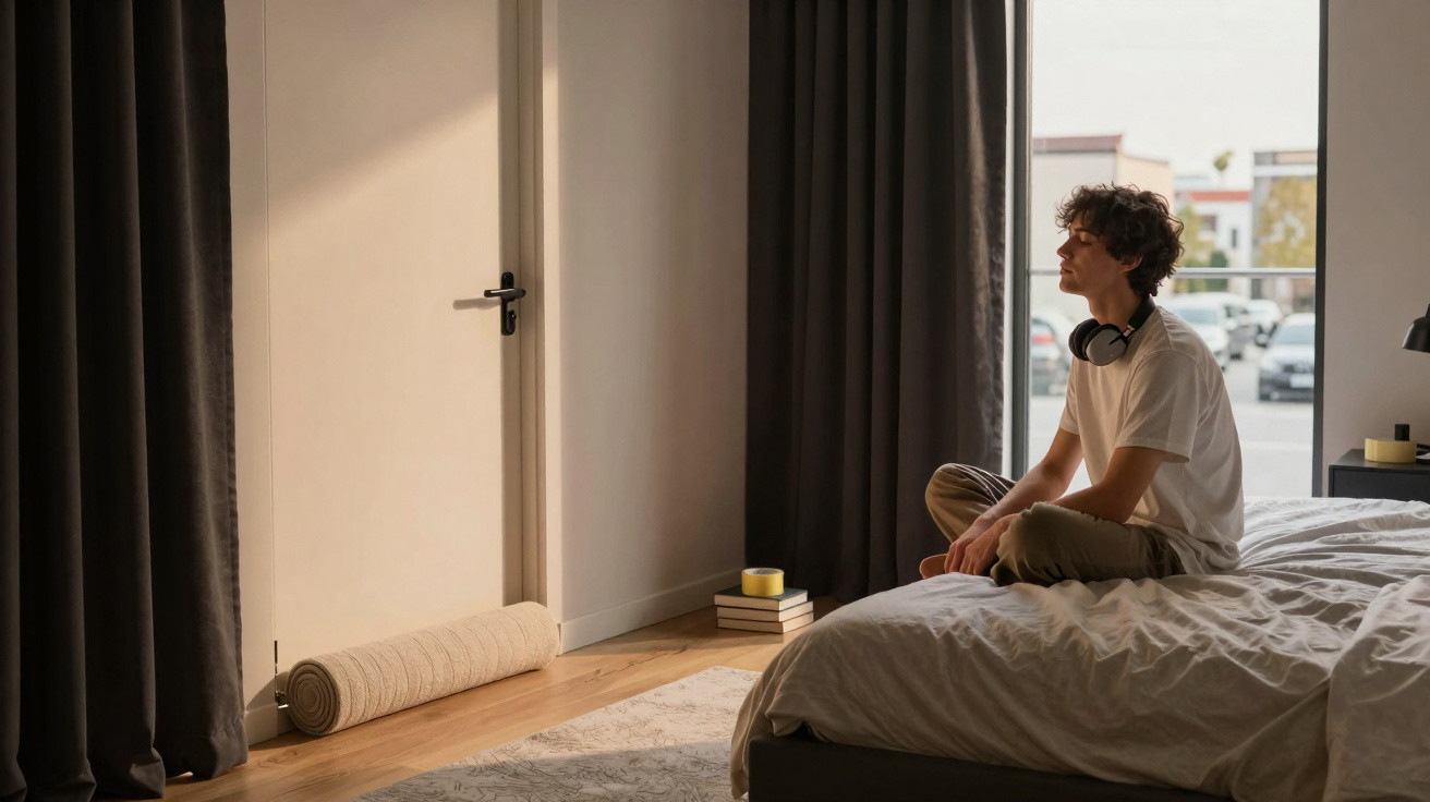 Junger Mann sitzt mit geschlossenen Augen auf Bett, umgeben von Bücherstapel, in ruhigem, minimalistisch eingerichtetem Raum.