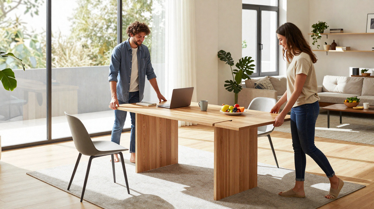 Mann und Frau richten gemeinsam einen Holztisch in hellem Wohnzimmer mit großen Fenstern und Sofaecke ein.