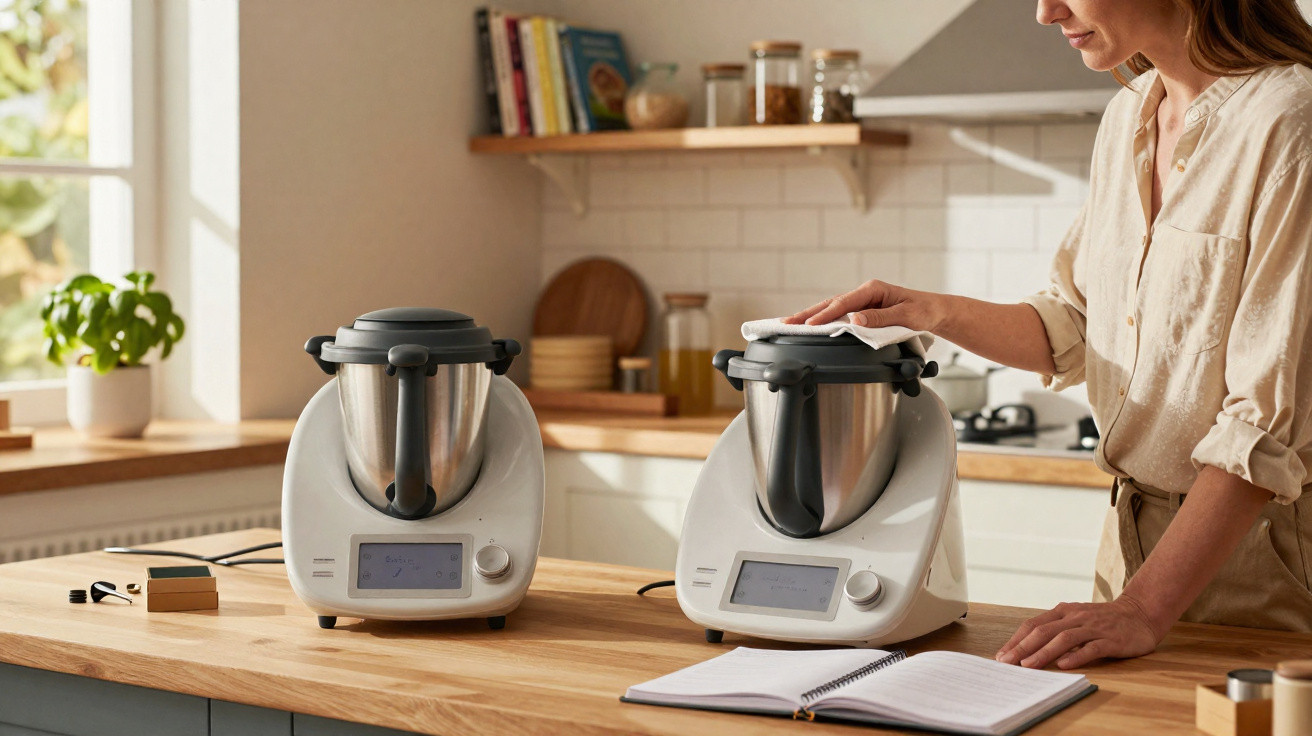 Frau reinigt Thermomix-Küchenmaschine in moderner Küche mit zwei Geräten auf Holzarbeitsplatte.