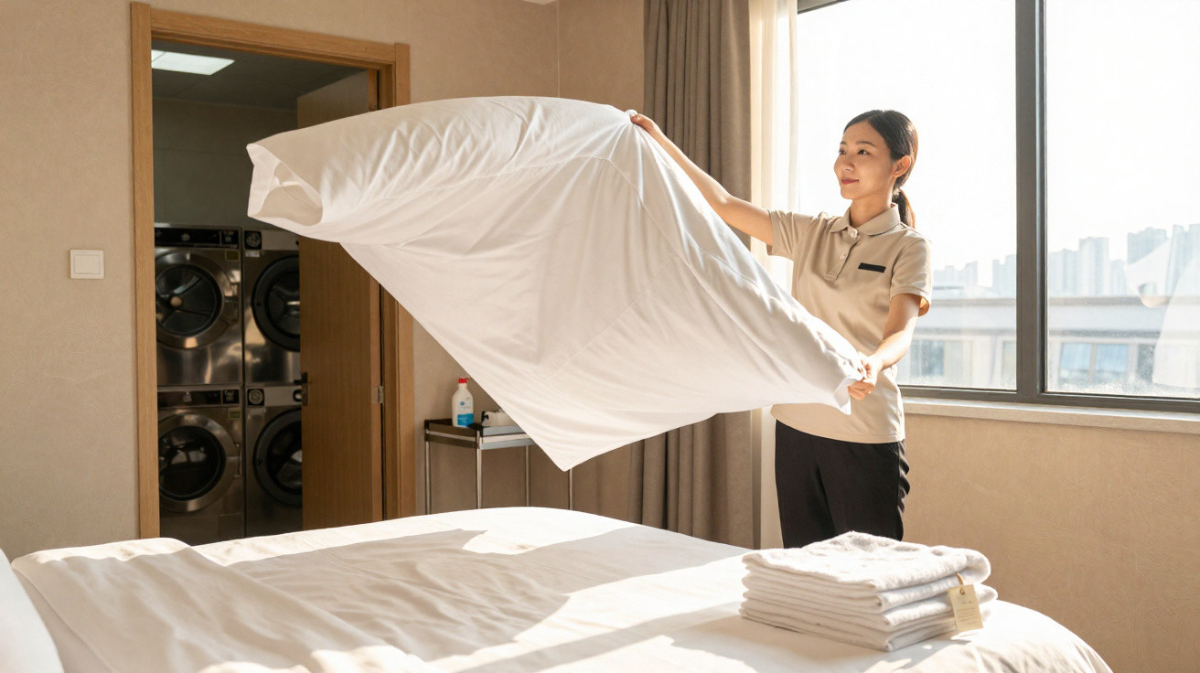 Eine Frau legt in einem hellen Zimmer ein Bett frisch mit einem Spannbettlaken.