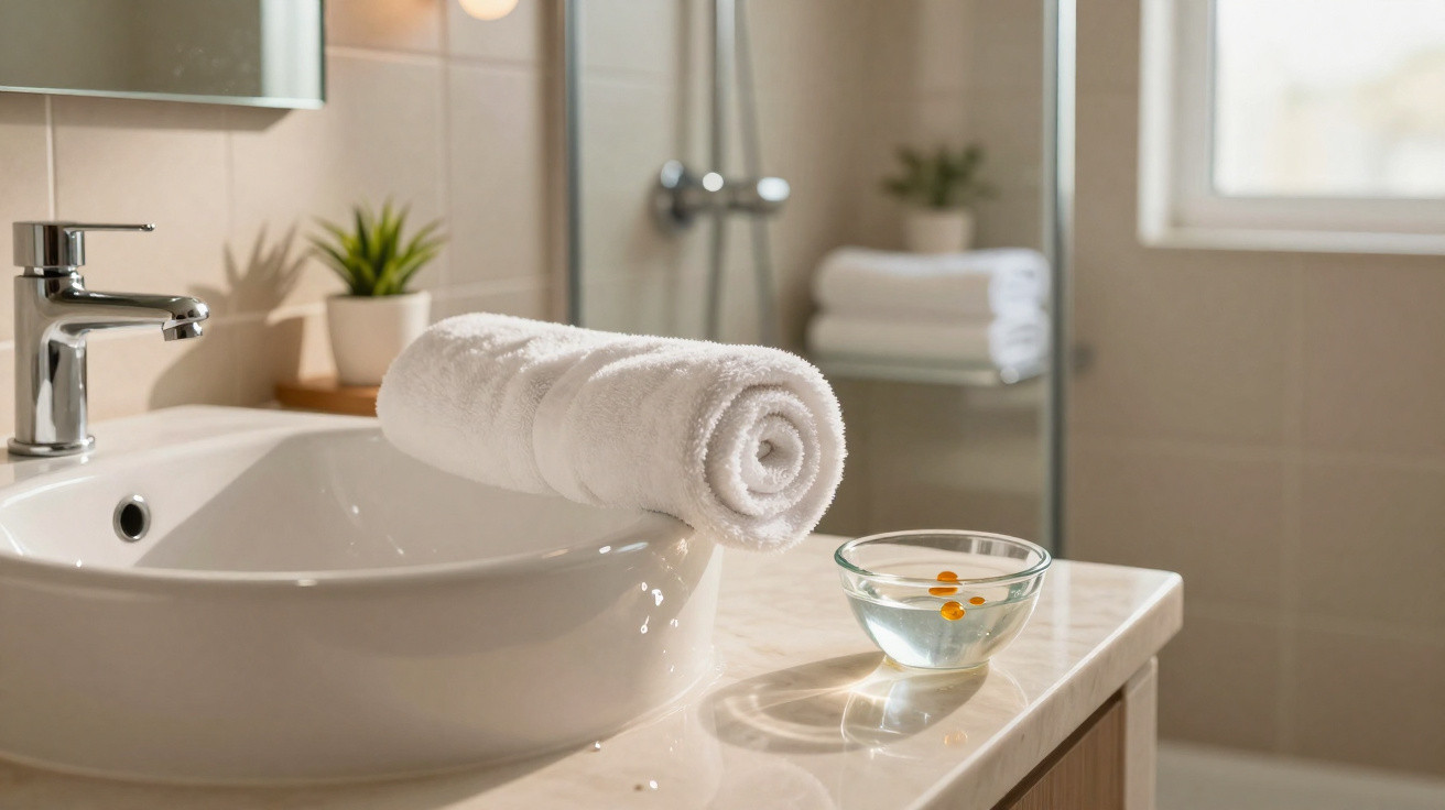Weißes Handtuch auf Waschbeckenrand und kleine Glasschale mit Wasser in modernem Badezimmer.