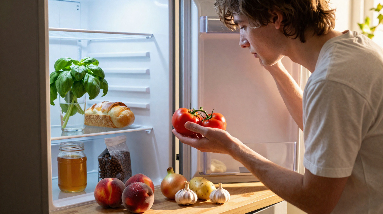 Junger Mann öffnet Kühlschrank und hält drei Tomaten, frisches Gemüse und Obst auf Tisch vor ihm.