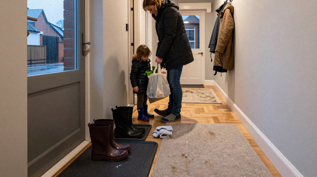 Frau und Kind im Flur beim Auspacken von Einkäufen, Gummistiefel und Mäntel im Eingangsbereich sichtbar.