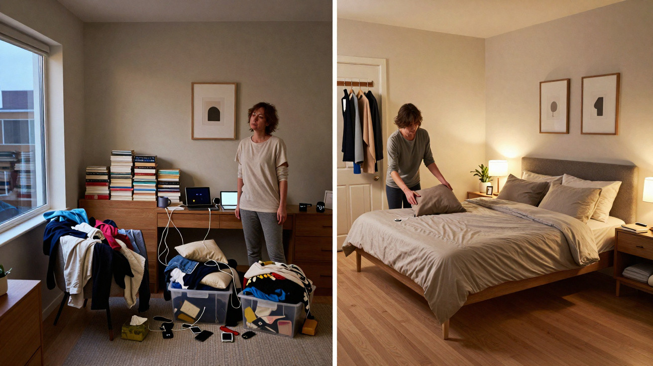 Frau im unordentlichen Zimmer mit Kleidung und aufgeräumtes Schlafzimmer mit gemachtem Bett.