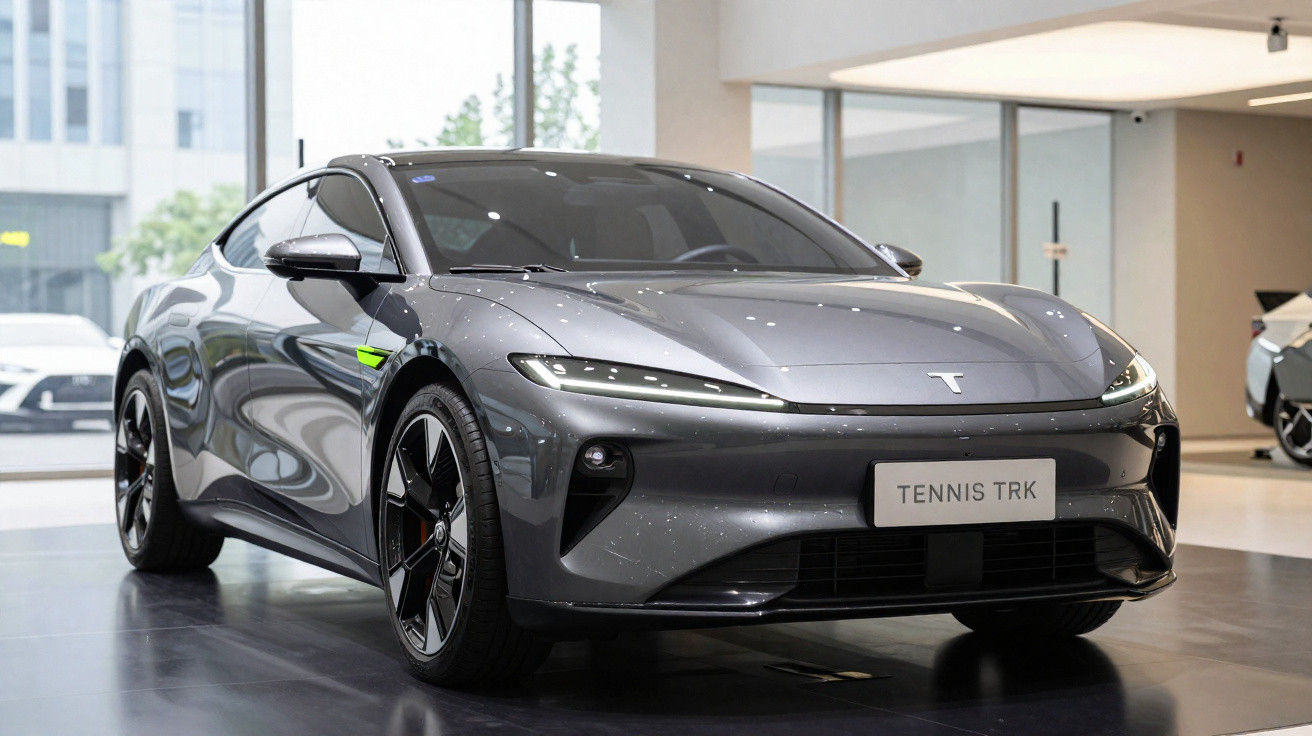 Elegantes graues Elektroauto mit glattem Design und LED-Scheinwerfern in einem modernen Showroom.