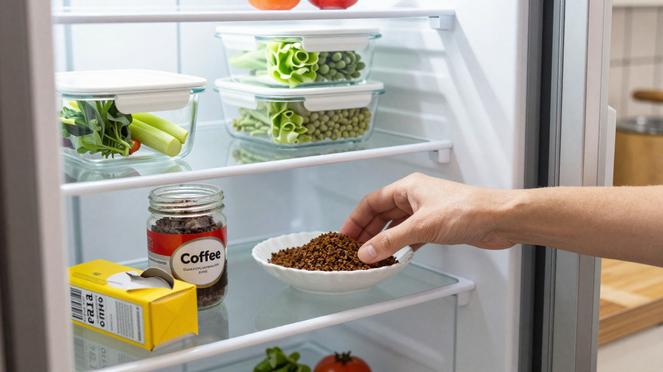 Hand legt Schale mit Kaffeegranulat in Kühlschrank mit Gemüsebehältern und Lebensmitteln.