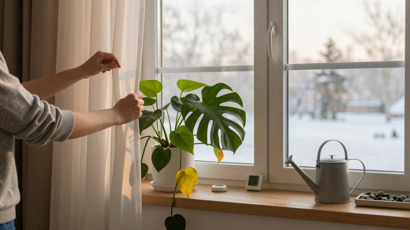 Person öffnet Vorhang neben Fenster mit Zimmerpflanze, Gießkanne und smarten Geräten auf der Fensterbank
