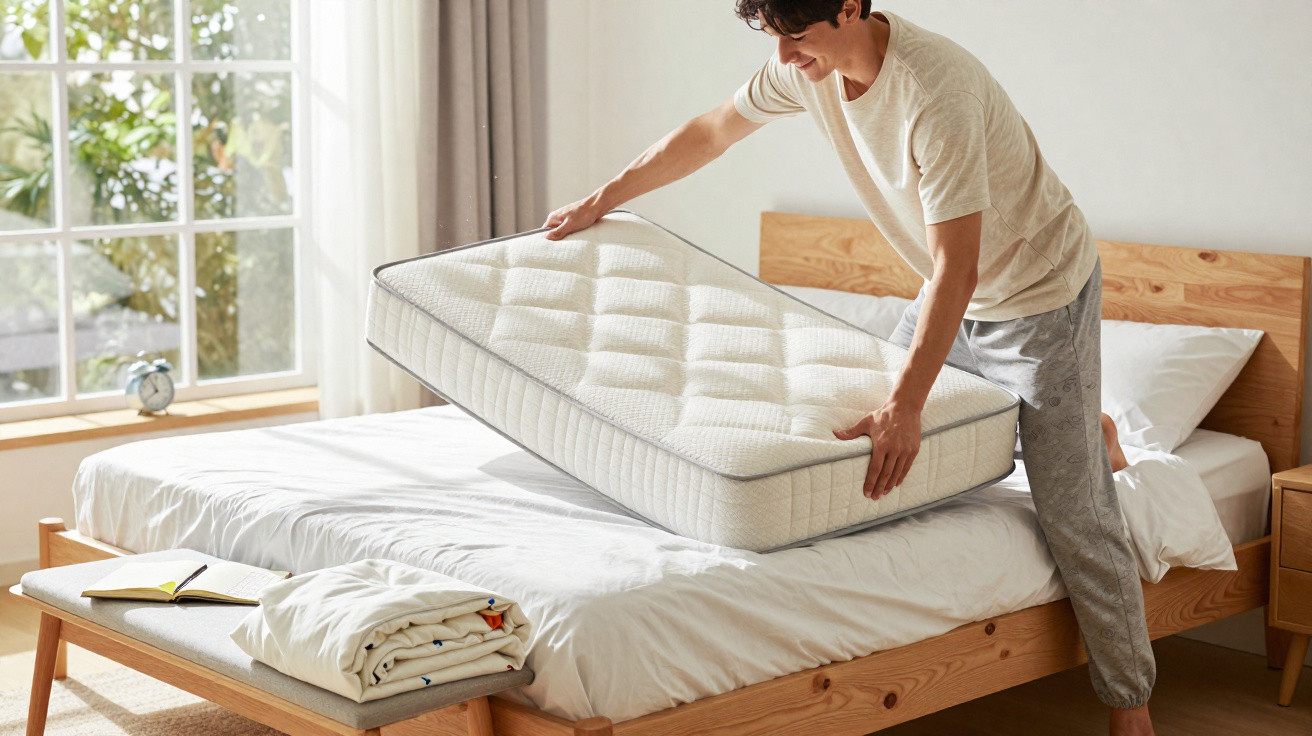 Mann legt eine Matratze auf ein frisch bezogenes Bett in einem hellen Schlafzimmer mit großem Fenster.