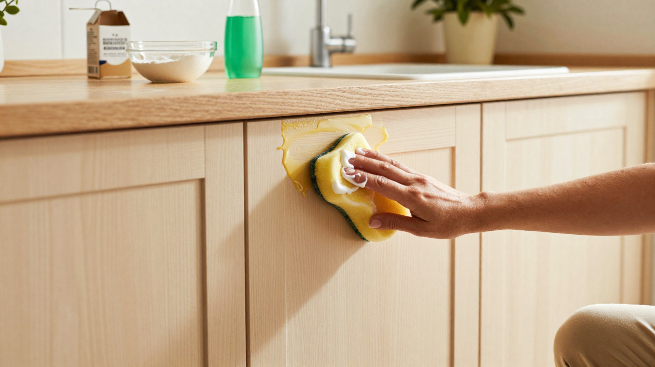 Hand wischt mit Schwamm Honig von hellem Holz-Küchenschrank ab, Küchenzeile im Hintergrund.
