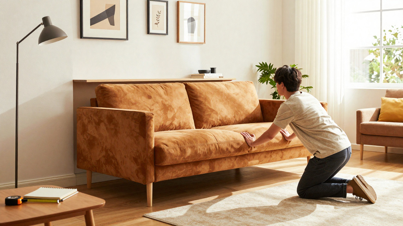 Junge kniet vor einem braunen Sofa in einem hellen Wohnzimmer mit Holzboden und Pflanzen.