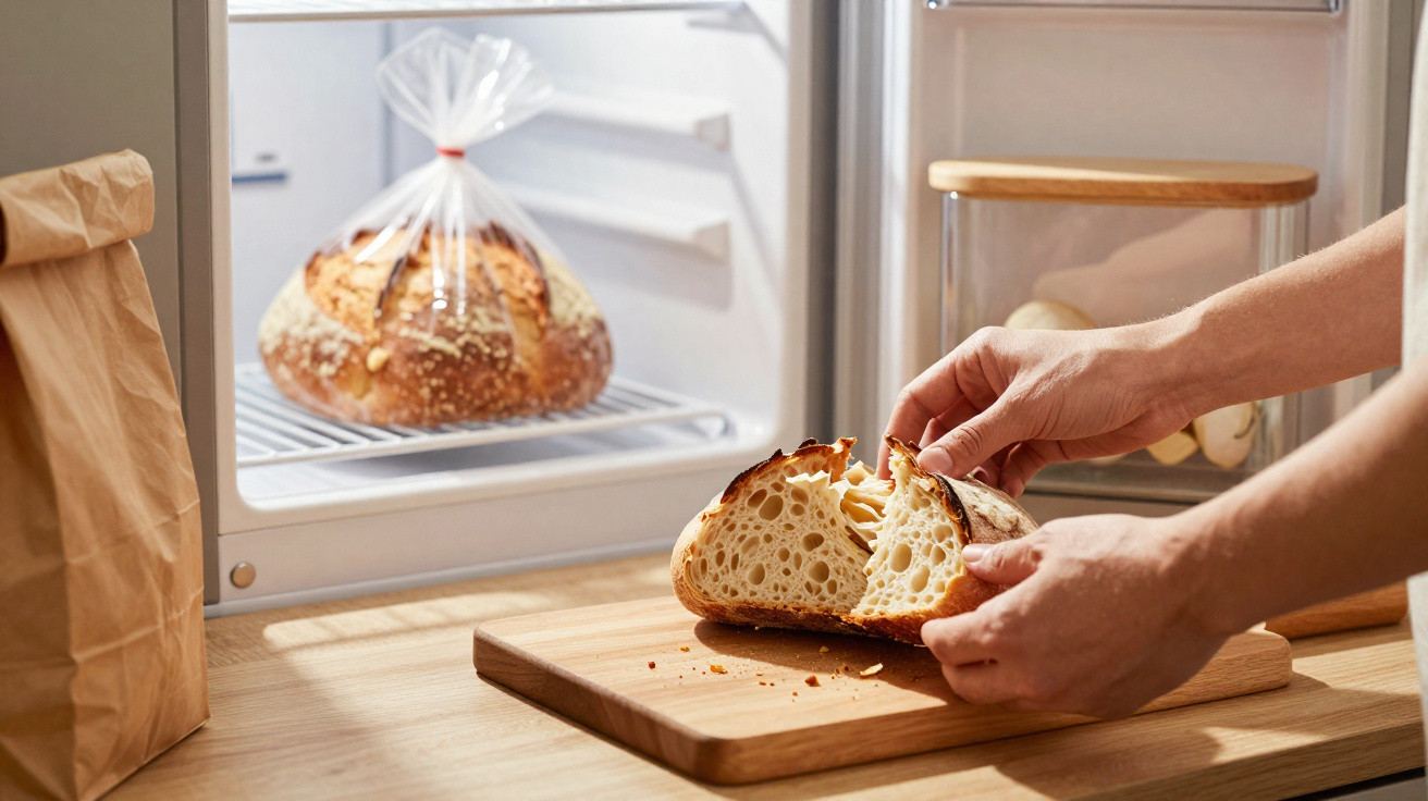 Person teilt frisches Sauerteigbrot auf einem Holzbrett vor offenem Kühlschrank mit eingepacktem Brot.