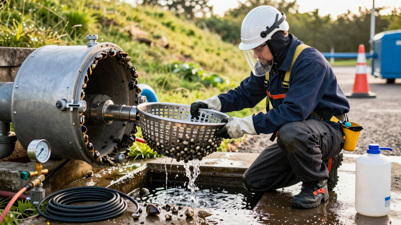 Techniker mit Schutzhelm entnimmt Muscheln aus Wasser bei großer Industriemaschine im Außenbereich.