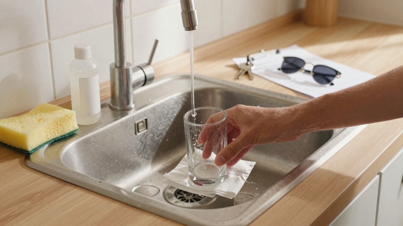 Hand hält ein Glas unter fließendem Wasserhahn über einer Küchenspüle mit Schwamm und Flasche daneben.