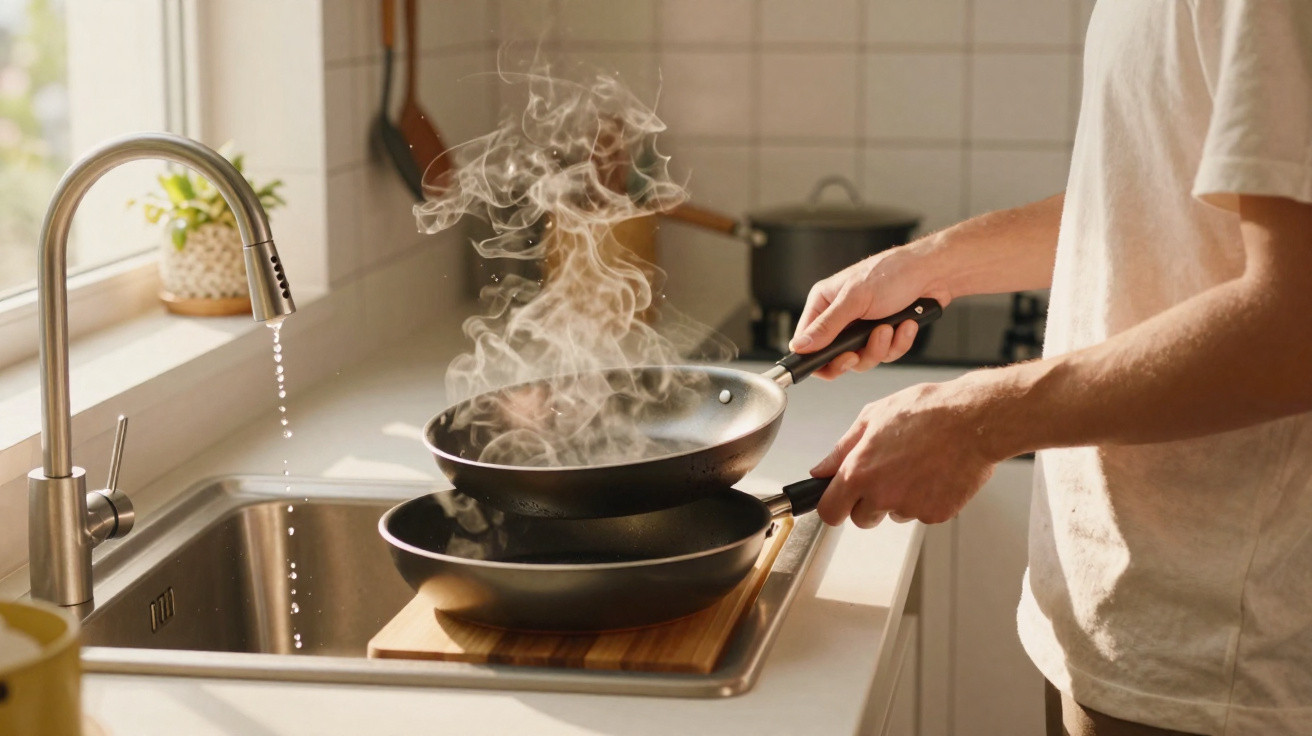 Person hält zwei Pfannen mit dampfendem Essen über Spüle in heller Küche bei laufendem Wasserhahn.