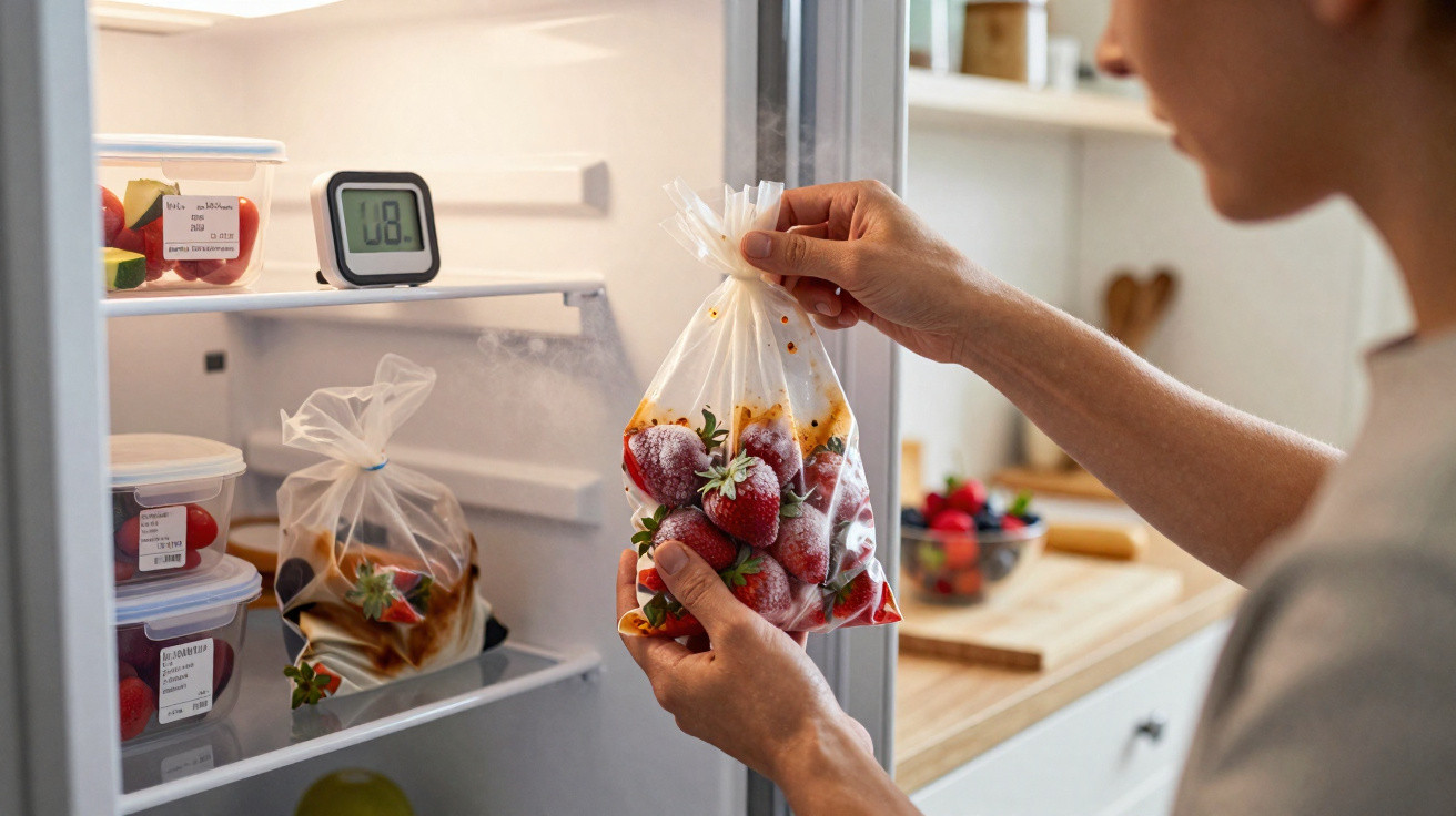 Person legt gefrorene Erdbeeren in einem Beutel in den Kühlschrank mit sichtbarem Thermometer.