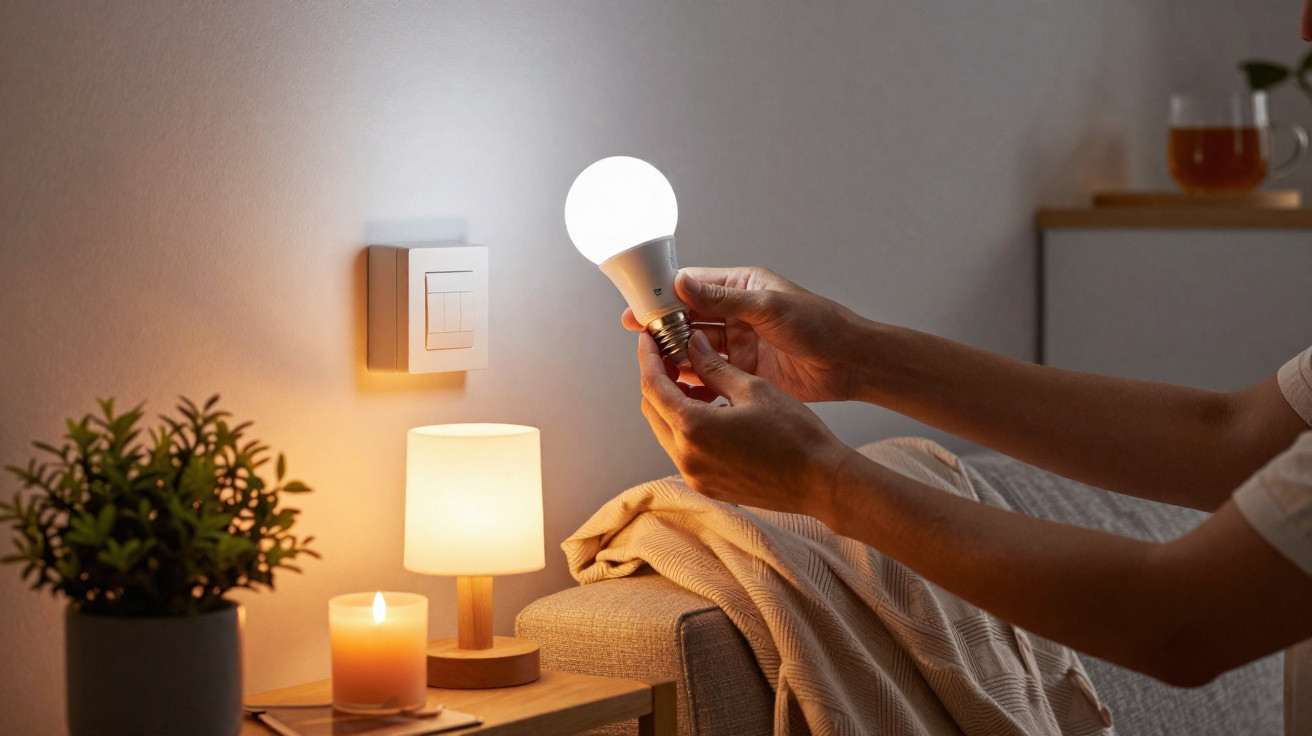 Person hält leuchtende LED-Glühbirne vor Wandlichtschalter in gemütlichem Wohnzimmer mit Lampe und Kerze.