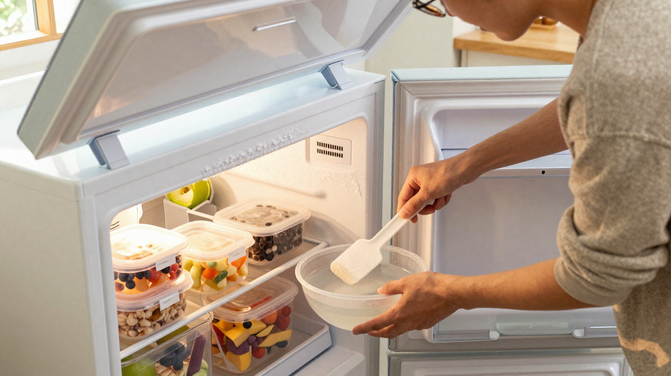 Person füllt einen Behälter mit Eis aus dem Gefrierschrank in einer Küche.