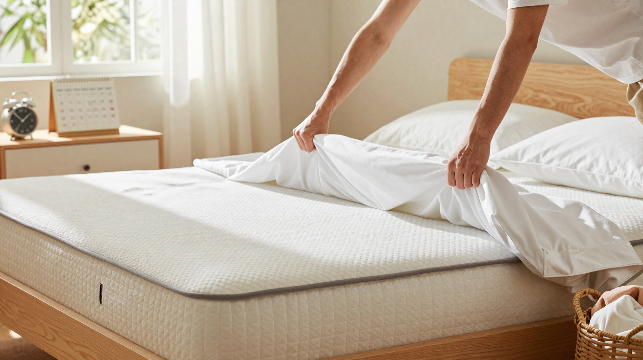 Person zieht ein weißes Spannbettlaken auf eine Matratze in einem hellen Schlafzimmer.