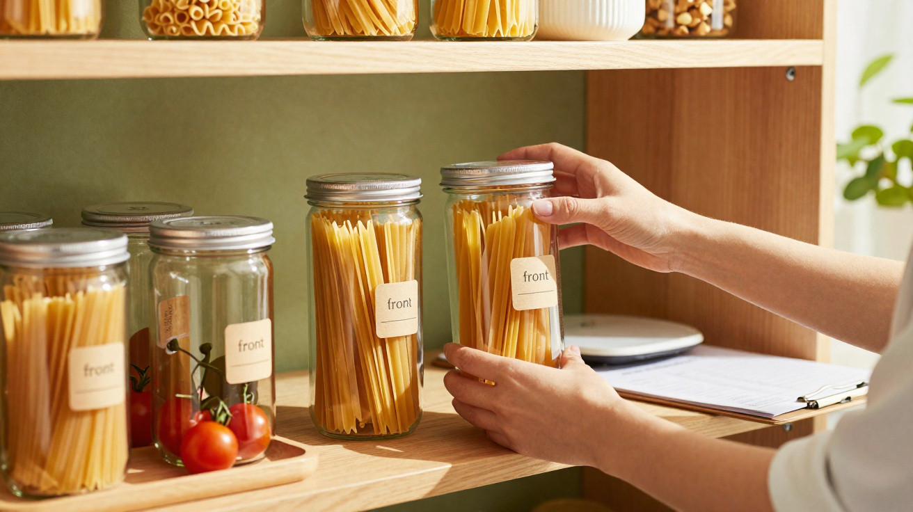 Person organisiert Gläser mit Spaghetti und Tomaten auf Holzregal in heller Küche.
