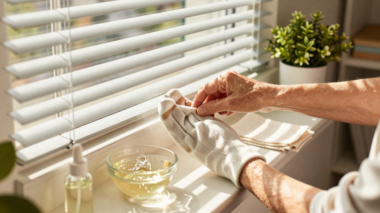 Ältere Person zieht eine gerippte weiße Handschuhe am hellen Fensterbrett an, neben Pflanze und Ölflasche.