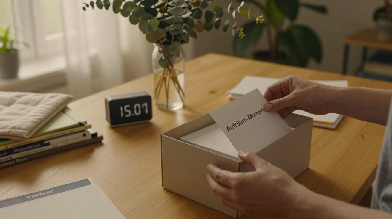 Person legt Karteikarte mit Aufschrift „Aufräum-Moment“ in eine Box auf einem Holztisch mit Pflanzen und Wecker.
