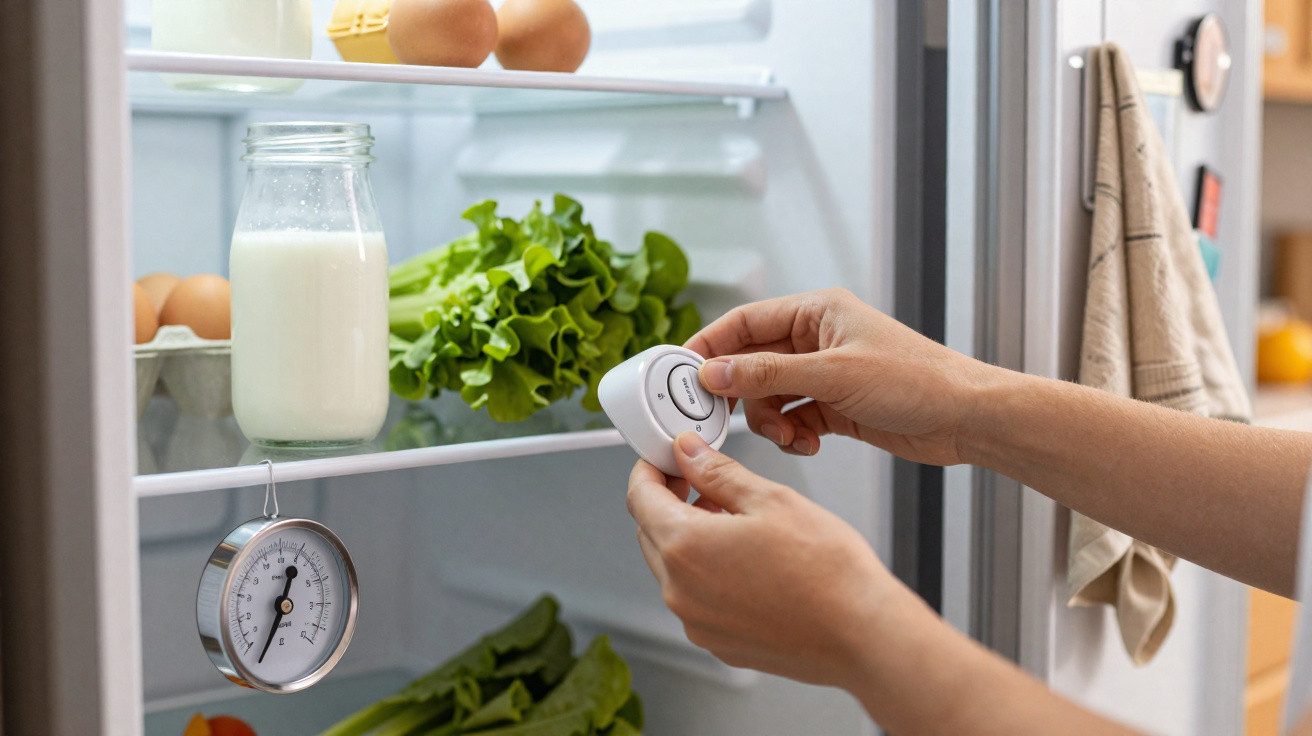 Hand stellt Thermostat in offenem Kühlschrank mit Milch, Salat und Eiern ein.