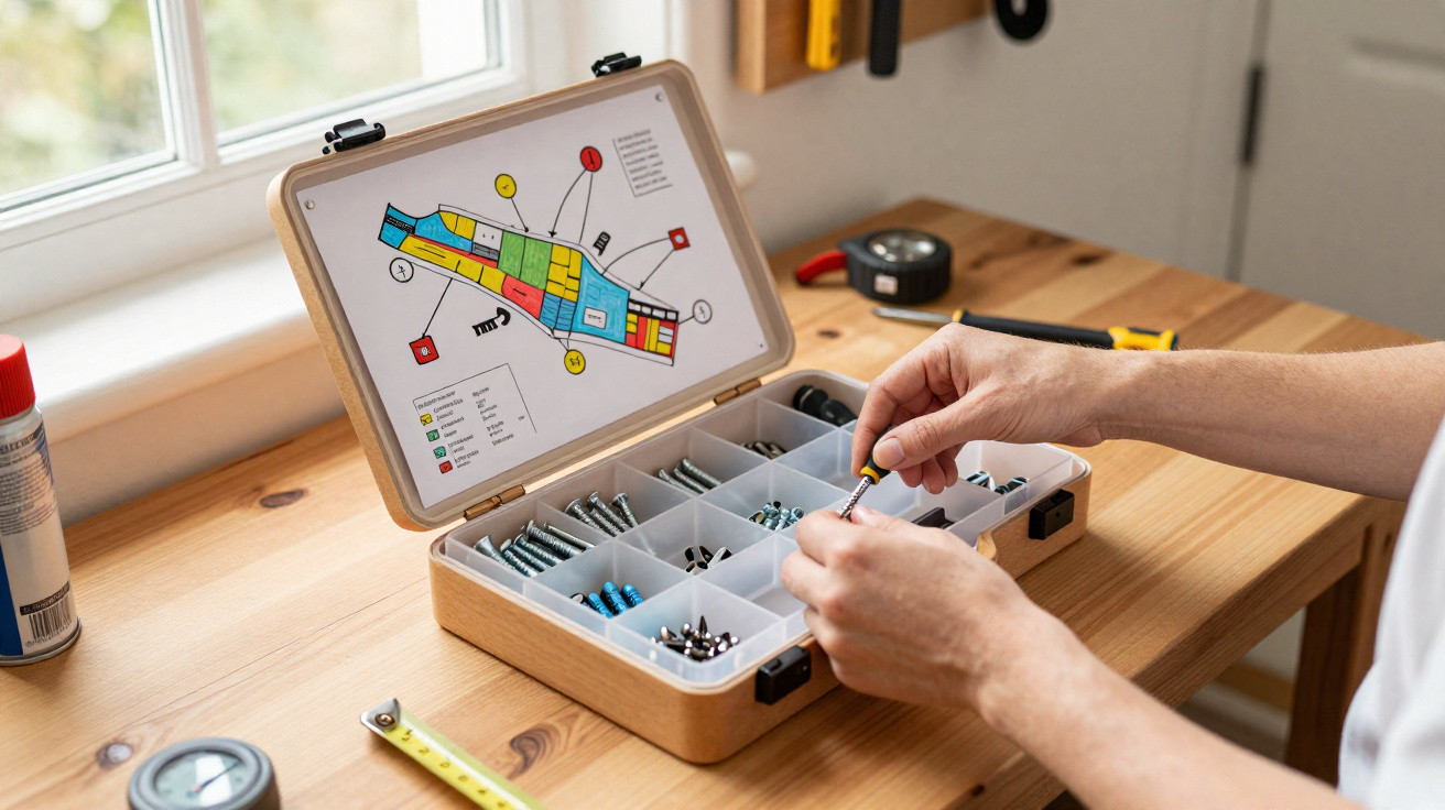 Offene Werkzeugbox mit Schrauben und Bits auf Holztisch, Hände wählen Schraubenzieheraufsatz aus.