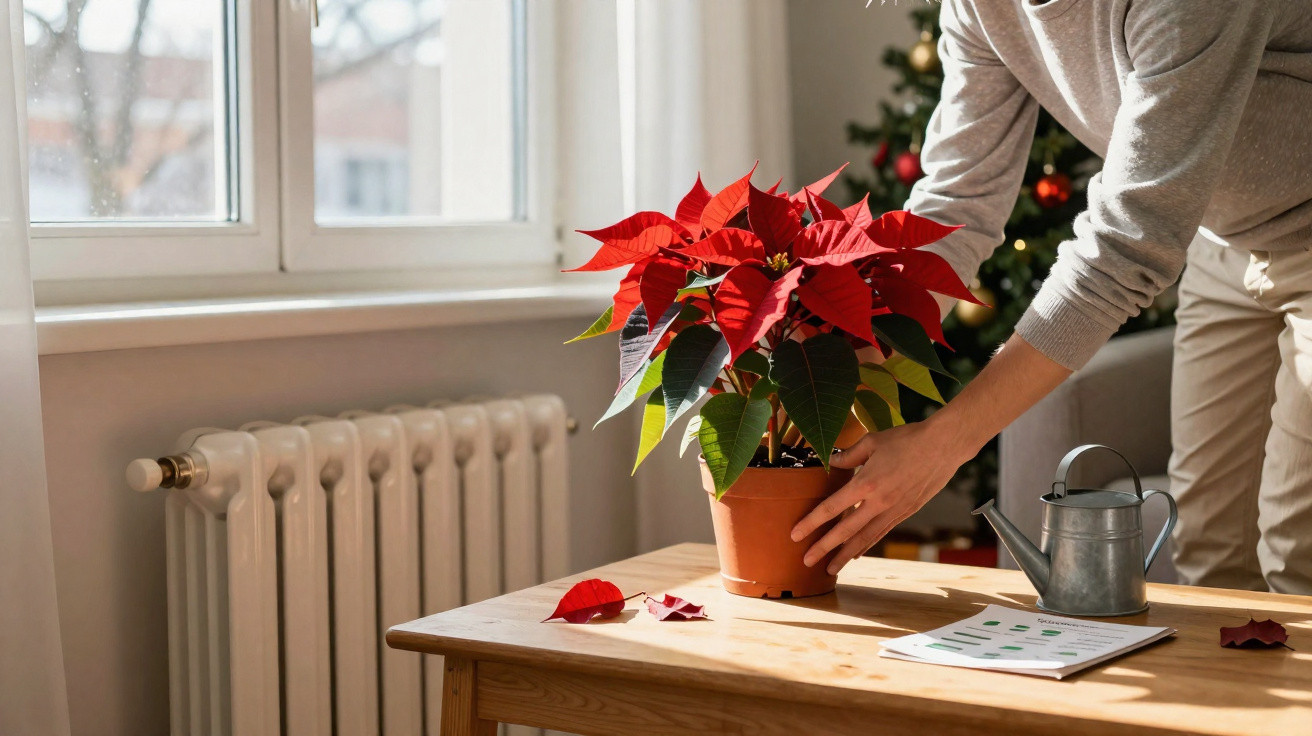Person stellt einen Weihnachtsstern auf einen Holztisch neben Fenster, Heizkörper und Gießkanne.