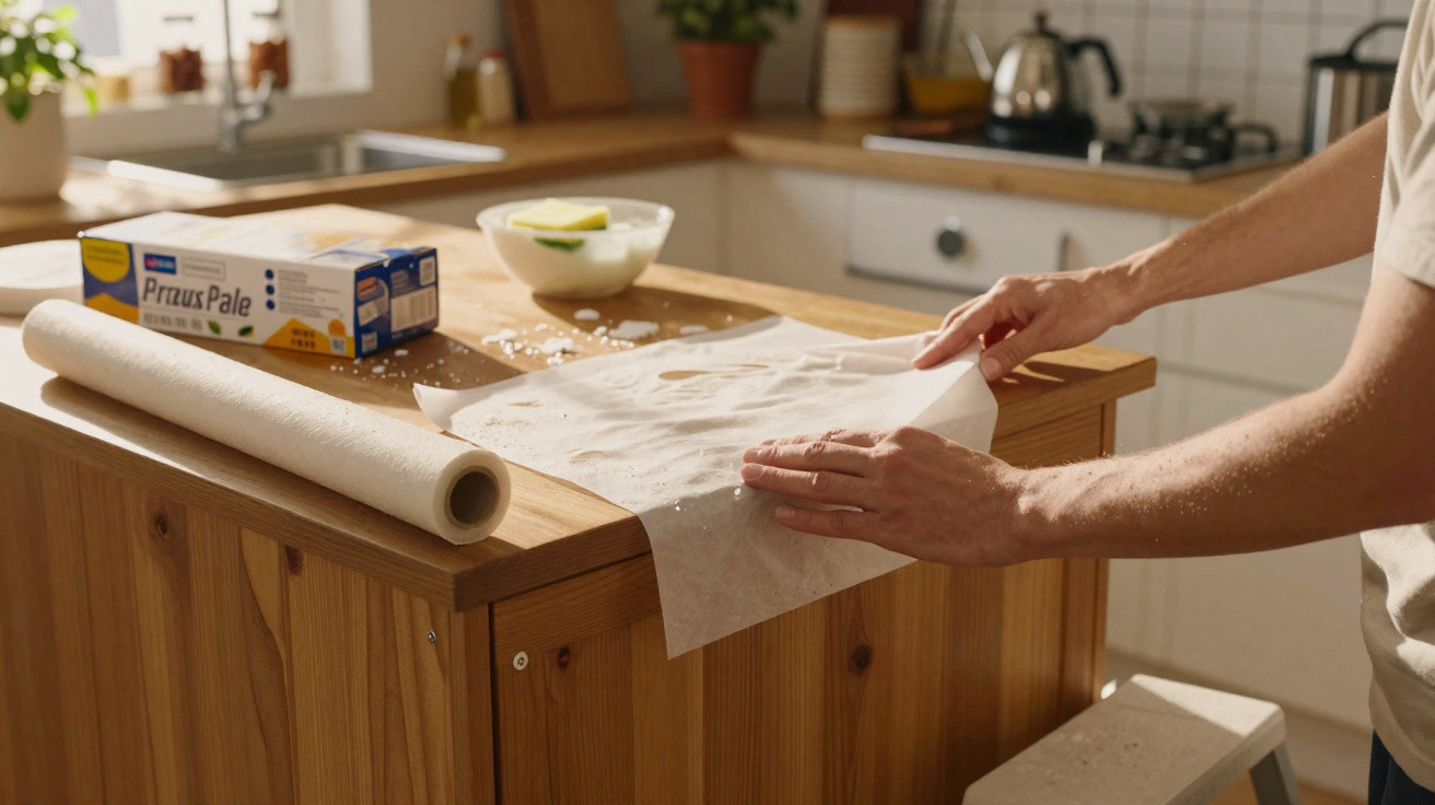 Person legt Backpapier auf eine Küchenarbeitsfläche aus Holz, Sonneneinstrahlung, Küchengeräte im Hintergrund