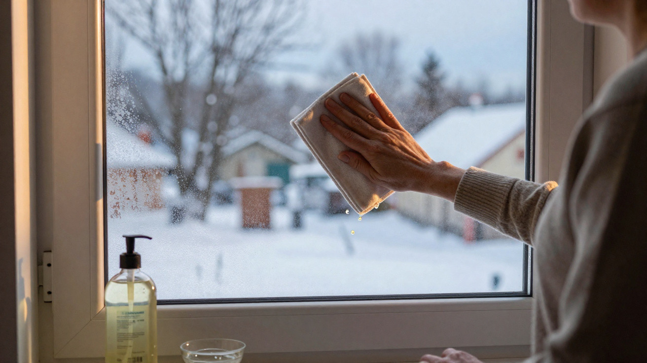 Hand wischt mit Tuch ein beschlagenes Fenster, draußen verschneite Landschaft, Flasche Seife am Fensterrahmen.
