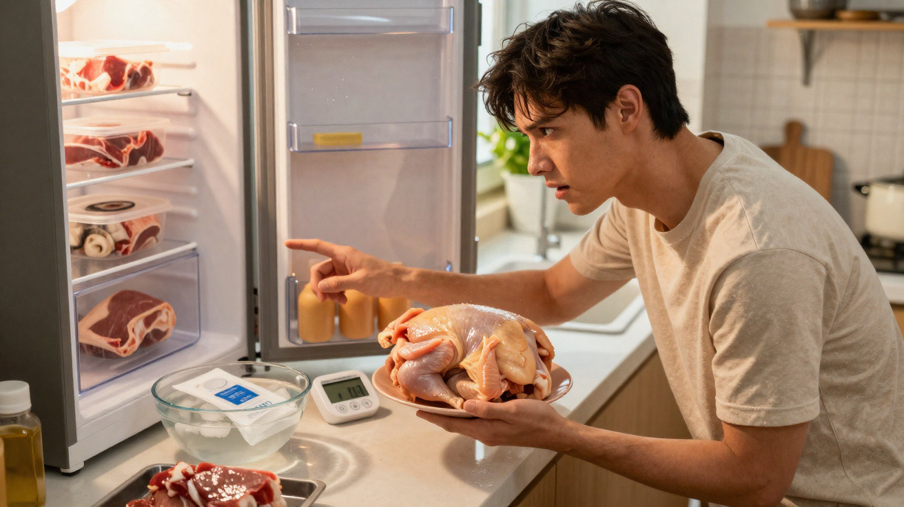 Mann hält rohes Hühnchen und schaut auf Thermometer in der Küche vor offenem Kühlschrank mit Fleisch.