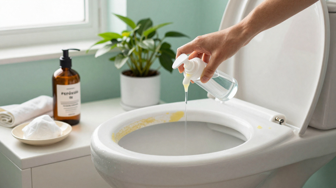 Hand gibt Flüssigseife in Toilettenschüssel in einem modernen Badezimmer mit Pflanze und Handtuch ab.