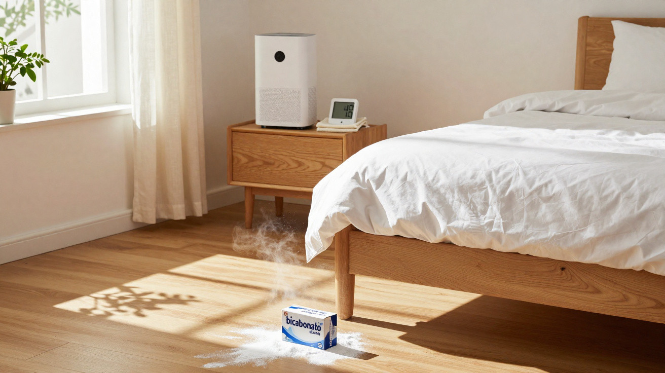 Schlafzimmer mit Holzbett, Nachttisch, Luftreiniger und ausgelaufene Packung Bicarbonat auf dem Boden.