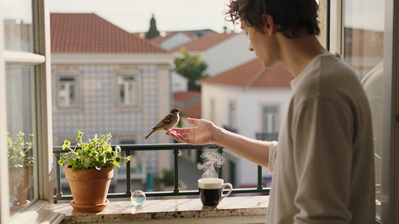 Mann auf Balkon füttert Vogel, neben dampfender Kaffeetasse und Blumentopf, Stadt im Hintergrund.