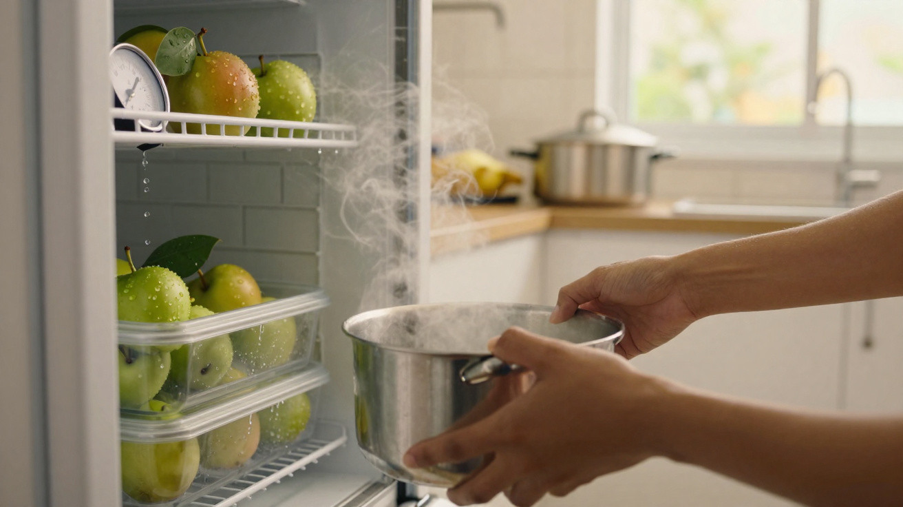 Person stellt dampfenden Topf in Kühlschrank mit frischen grünen Äpfeln in moderner Küche.