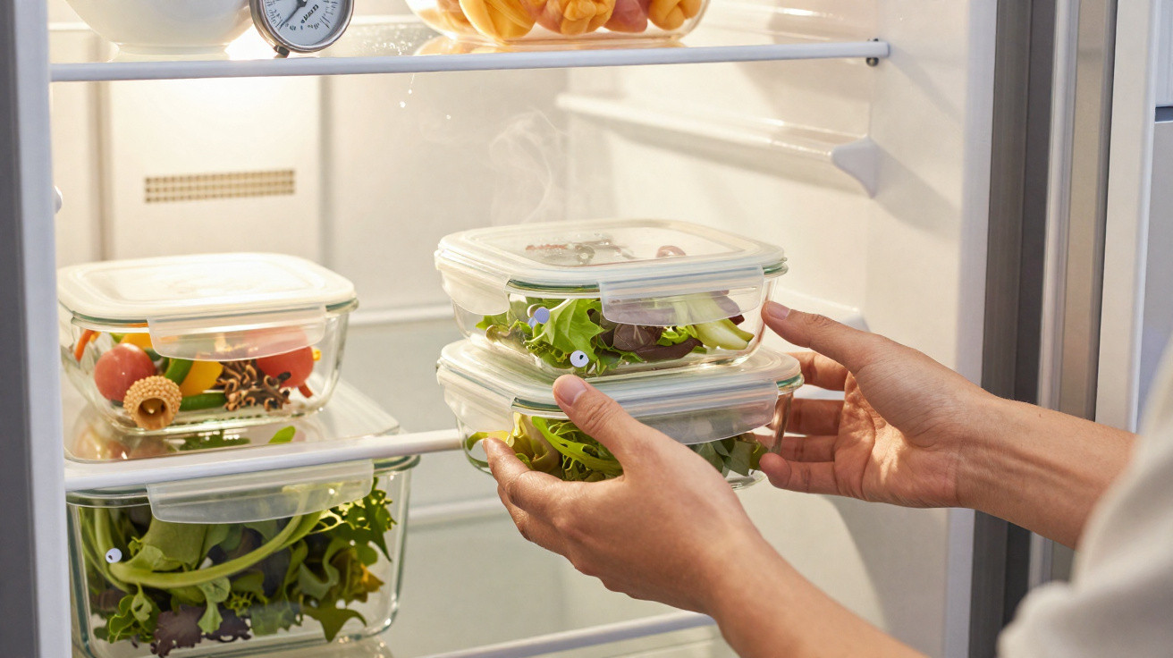 Person legt Frischhaltedosen mit Salat in einen Kühlschrank.