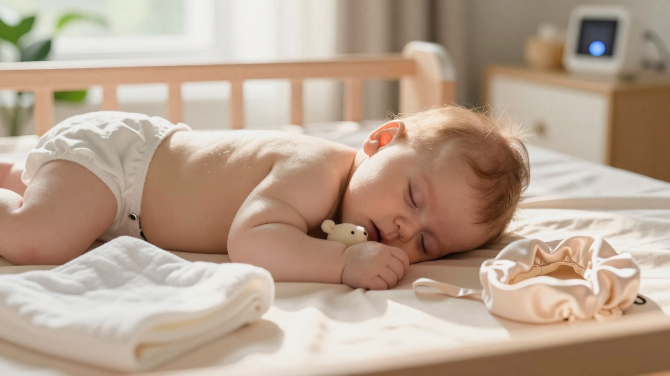 Schlafendes Baby in Windel liegt auf Bauch im Kinderbett und hält ein kleines Stofftier.