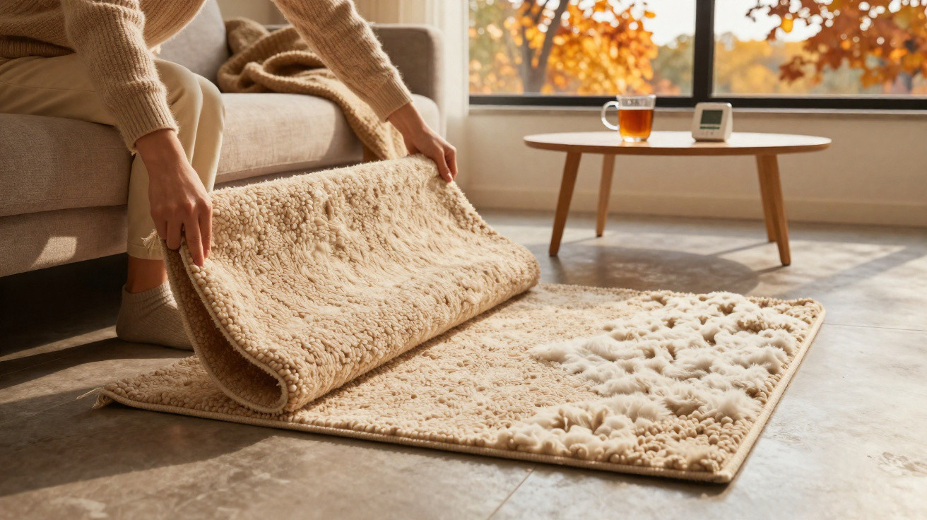 Person legt einen beigen, flauschigen Teppich auf einen hellen Boden vor einem Sofa im Wohnzimmer.
