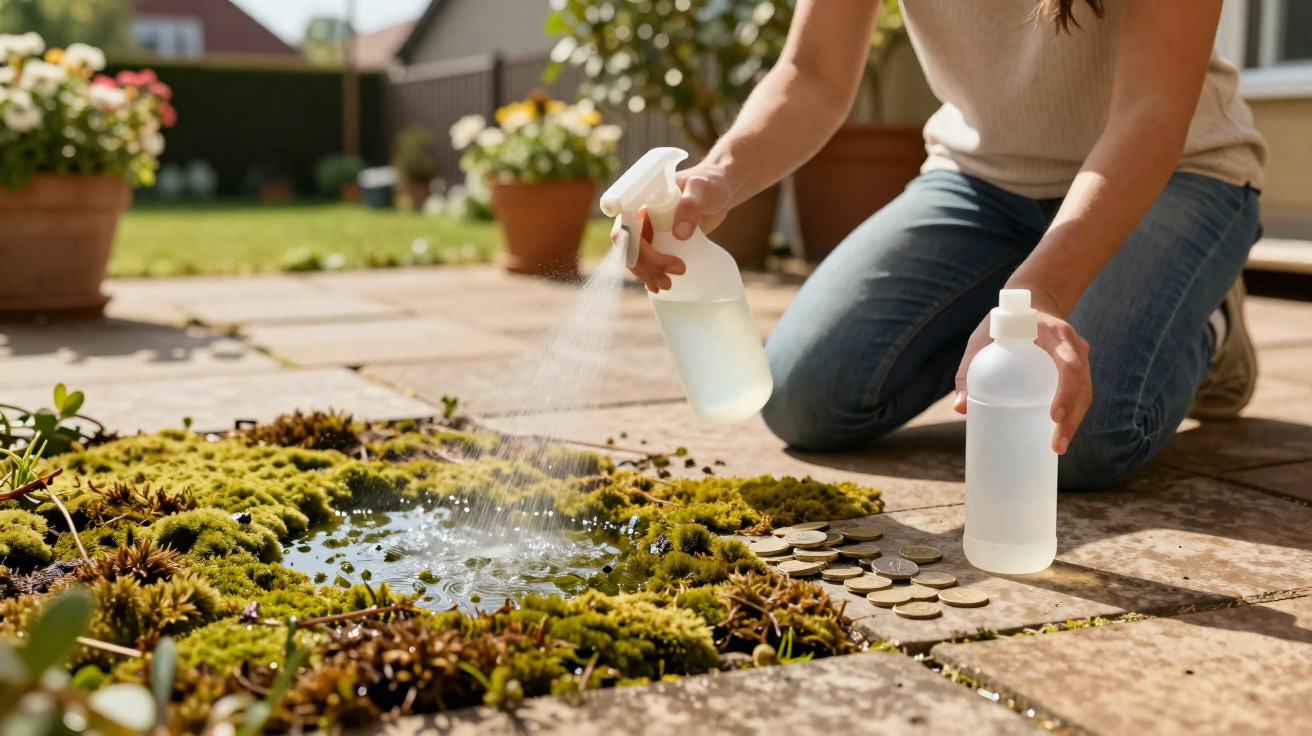 Person sprüht Wasser mit einer Sprühflasche auf Moos, das auf Steinplatten im Garten wächst.
