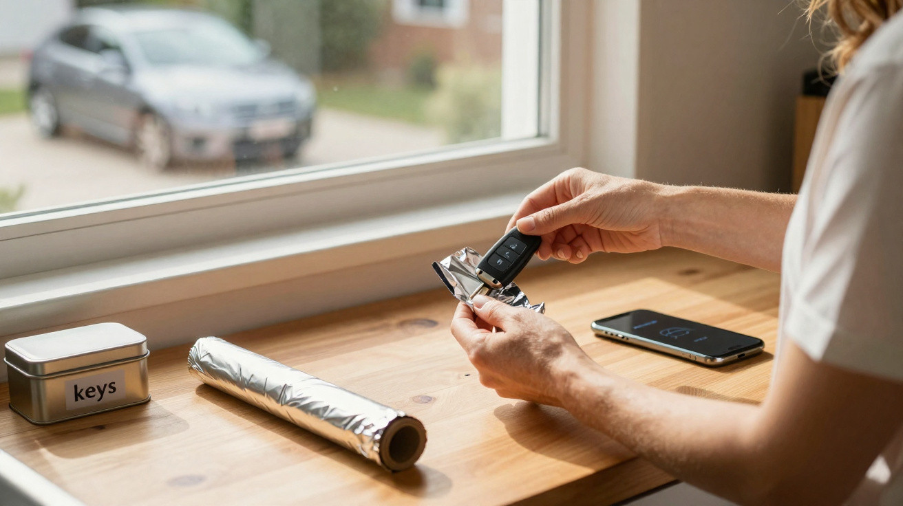 Person hält Autoschlüssel in der Hand vor Fenster mit Blick auf geparktes Auto auf Holztisch mit Alufolie und Smartphone.